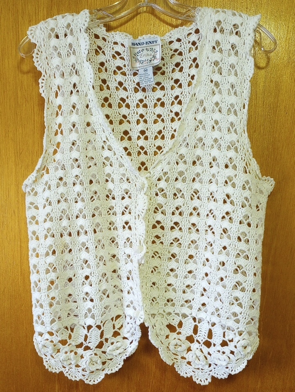 Erika Hand-Knit Ivory Cream Classic Vintage Cotton Vest w/ Flowers & Scalloping